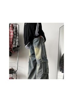 Trendy Wide-leg Jeans Mens Summer Loose-fit Pants Large Pocket Vintage Streetwear Bootleg Trousers Blue
