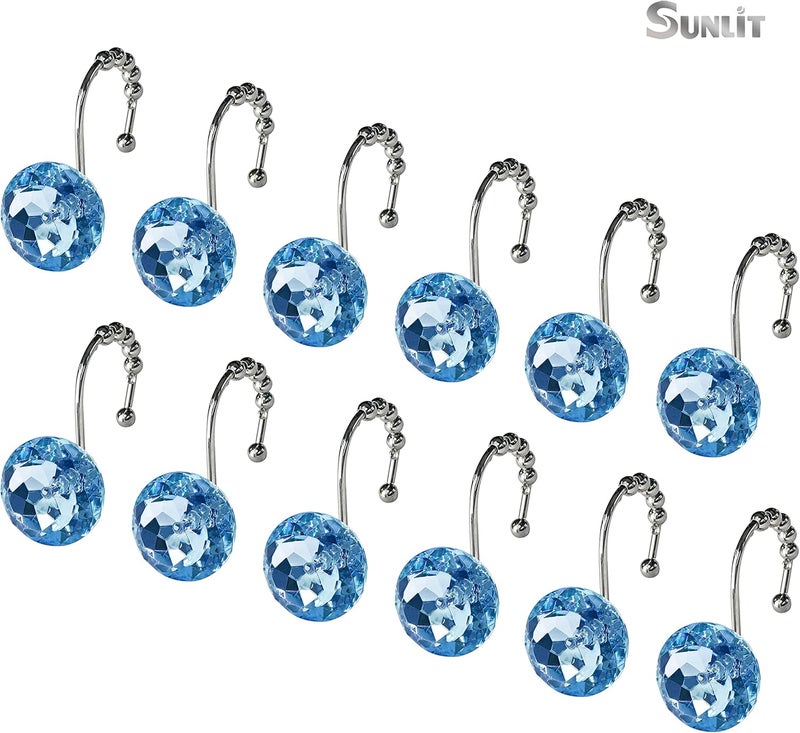 Sunlit Luxury Design Round Blue Diamond Crystal Gem Bling with Glide Balls Shower Curtain Hooks, Rust Proof Metal Rhinestones Glam Shower Curtain Rings-12 Pack - Image 3