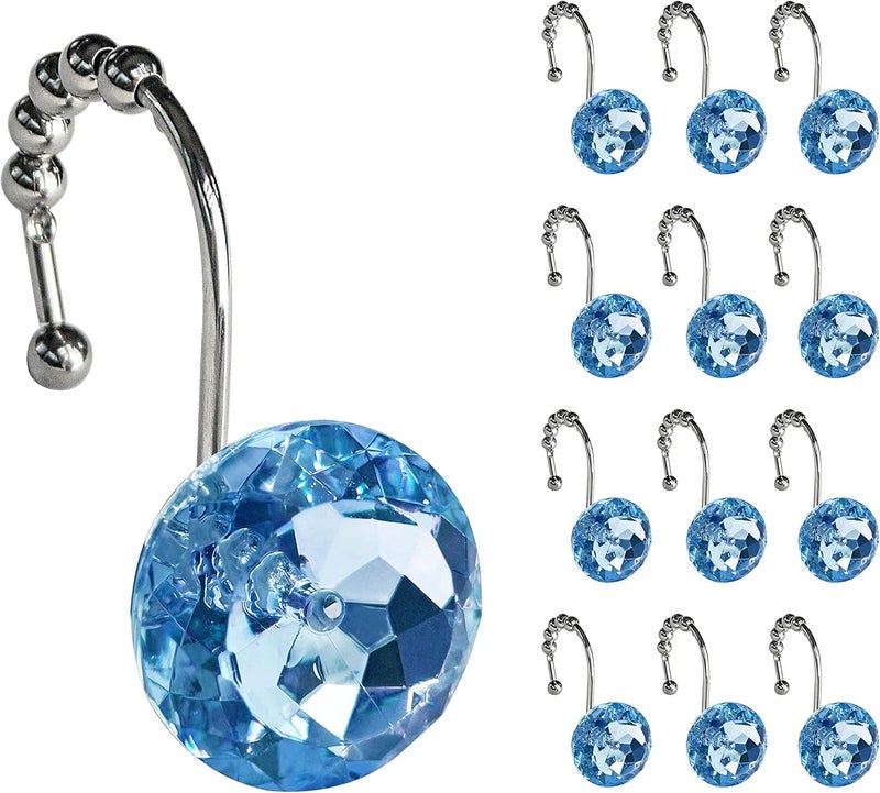 Sunlit Luxury Design Round Blue Diamond Crystal Gem Bling with Glide Balls Shower Curtain Hooks, Rust Proof Metal Rhinestones Glam Shower Curtain Rings-12 Pack - Image 1