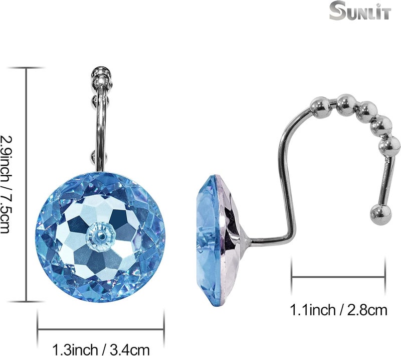 Sunlit Luxury Design Round Blue Diamond Crystal Gem Bling with Glide Balls Shower Curtain Hooks, Rust Proof Metal Rhinestones Glam Shower Curtain Rings-12 Pack - Image 2