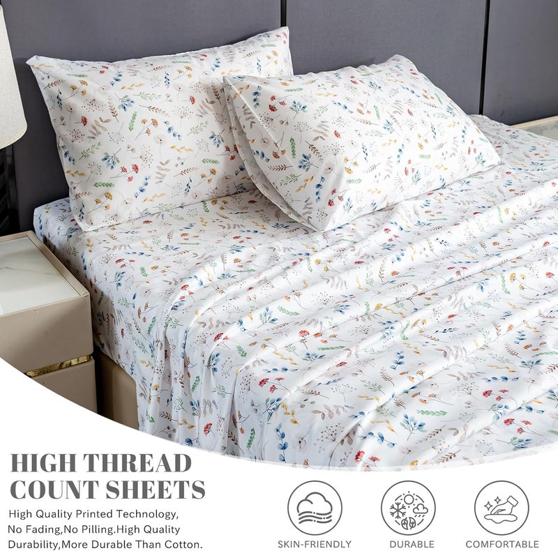 Bedlifes King Sheet Set Ultra Soft, Breathable, Silky Flower Deep Pocket 100% Microfiber Bedding, 4 Piece King Size White Floral - Image 3