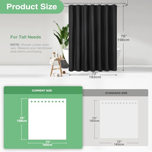 Dynamene Long Black Fabric Shower Curtain - Waffle Textured Tall Heavy Duty Cloth Shower Curtains for Bathroom, 256GSM Large Hotel Spa Luxury Bath Curtain Set with 12 Plastic Hooks(72Wx78H, Black) - Image 3