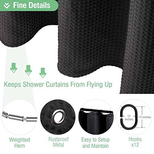 Dynamene Long Black Fabric Shower Curtain - Waffle Textured Tall Heavy Duty Cloth Shower Curtains for Bathroom, 256GSM Large Hotel Spa Luxury Bath Curtain Set with 12 Plastic Hooks(72Wx78H, Black) - Image 5
