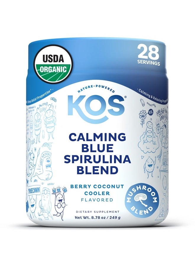 KOS USDA Organic Calming Blue Spirulina Blend, Plant Based - Algae Superfood Powder with Ashwagandha Root, Lemon Balm, Reishi Mushroom, B Complex - Berry Coconut Cooler Flavor, 28 Servings - Image 1