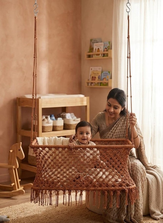 Patiofy Baby Swing Cradle for Supervised Use | Cradle for Newborn 6 Months to 4 Years | Handcrafted Rope Swing with Metal Frame | Indoor & Outdoor Use | Copper - Rectangle Shape - Image 1