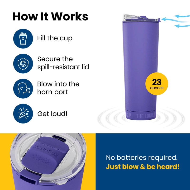 Loud Cup The LoudCup Blow Horn Tumbler, Cheer & Sip 2-in-1 Reusable Water Bottle with Built-In Horn for Sports Games, Tailgates, Parties & Events, BPA-Free, 23 oz, Royal Purple - Image 3