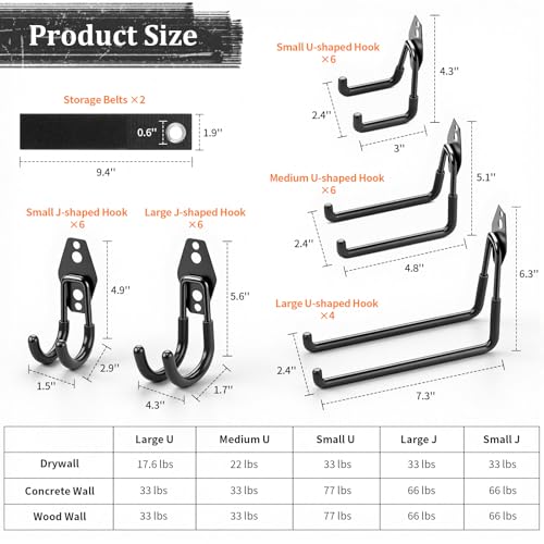 Housolution Steel Garage Hooks - 30Pack Anti-Slip Coating, Heavy Duty Wall Mount Hooks for Bikes, Garden Tools, Ladders, Hose, Bulk Items Ropes, Garage Tool Organizer with Extension Cord Wrap, Black - Image 3
