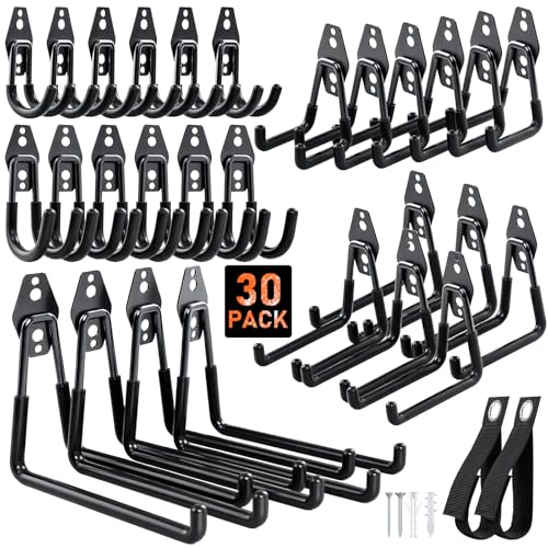 Housolution Steel Garage Hooks - 30Pack Anti-Slip Coating, Heavy Duty Wall Mount Hooks for Bikes, Garden Tools, Ladders, Hose, Bulk Items Ropes, Garage Tool Organizer with Extension Cord Wrap, Black - Image 1