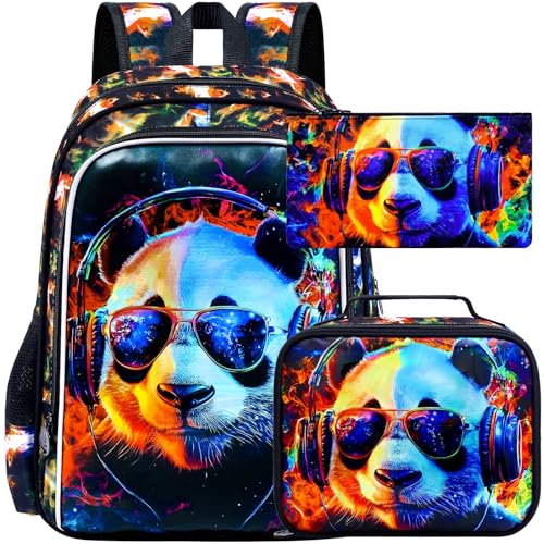 HPJGD 3PCS Panda Bookbag for Boys Water Resistant Kids Backpack with Lunch Box 17 School Bag Set for Teenagers Middle Elementary Sunglasses Panda - Image 1