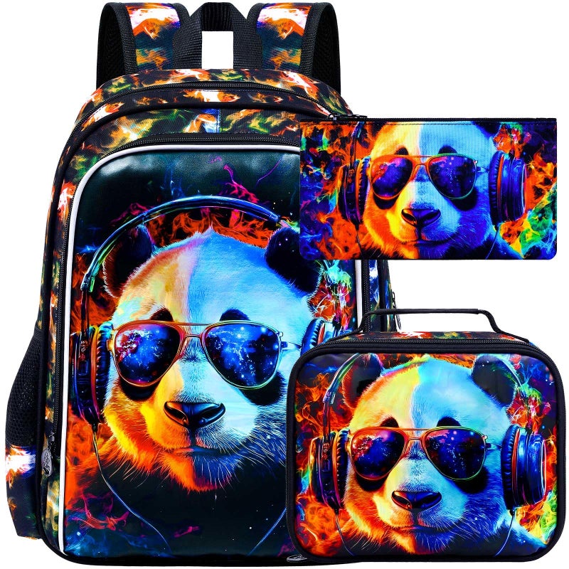 HPJGD 3PCS Panda Bookbag for Boys Water Resistant Kids Backpack with Lunch Box 17 School Bag Set for Teenagers Middle Elementary Sunglasses Panda - Image 2