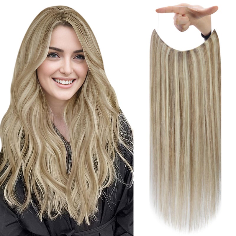 Fshine Invisible Wire Hair Extensions Real Human Hair Color 16P22 Blonde Secret Hairpiece Fish Line Wire Extensions 16 Inch Straight Remy Human Hair One Piece Hair Extensions Clip in 80G