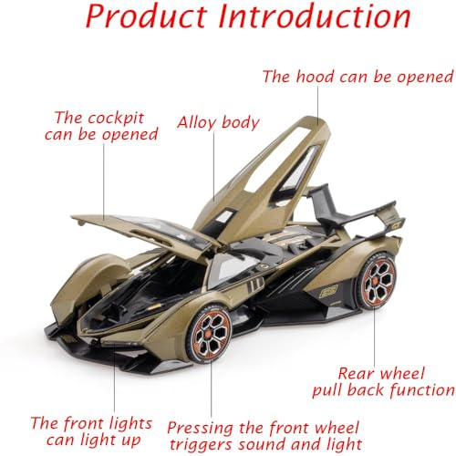 DEZICON 1:22 Scale Diecast Metal Car Lambo V12 GT Toy Car for Kids with Light Sound Pull Back Openable Door Collection Model Cars - Image 3