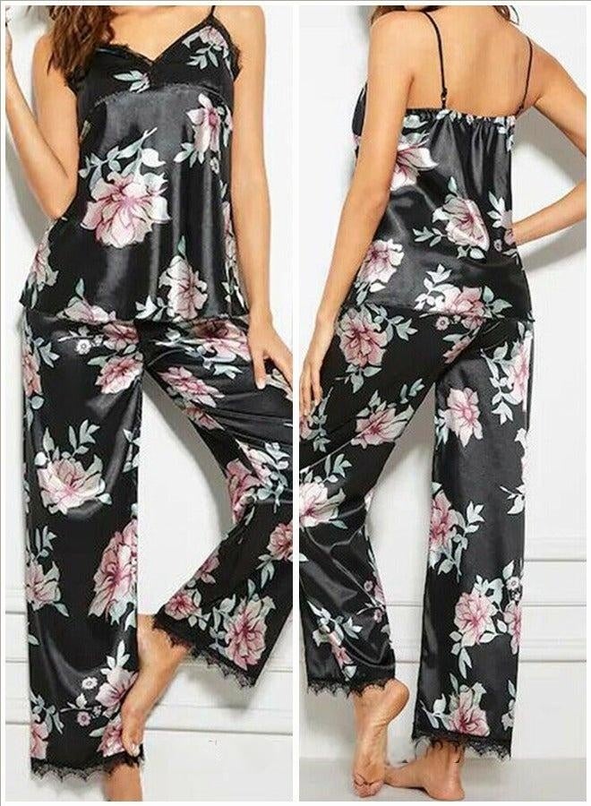 🌸 Women’s 5-Piece Pajama Set – Floral Lace Silky Loungewear, Spring/Summer Sleepwear with Camisole Top, Skirt, Robe, Shorts & Pants – Black - Image 2