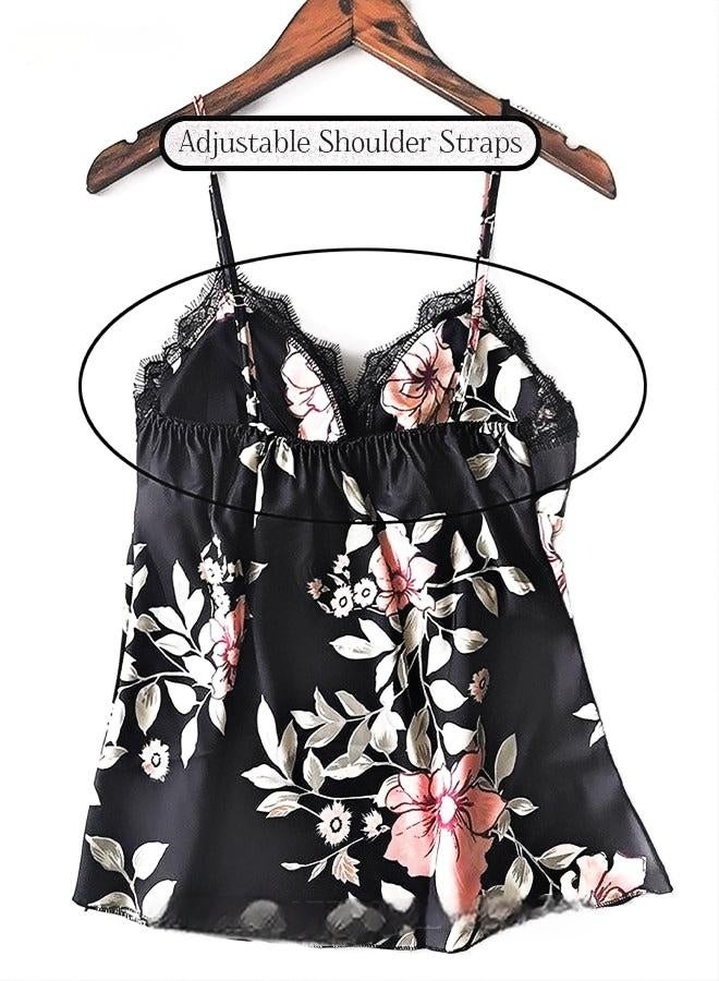 🌸 Women’s 5-Piece Pajama Set – Floral Lace Silky Loungewear, Spring/Summer Sleepwear with Camisole Top, Skirt, Robe, Shorts & Pants – Black - Image 4