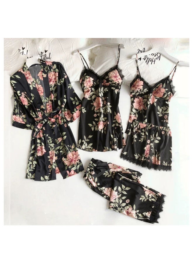 🌸 Women’s 5-Piece Pajama Set – Floral Lace Silky Loungewear, Spring/Summer Sleepwear with Camisole Top, Skirt, Robe, Shorts & Pants – Black - Image 1