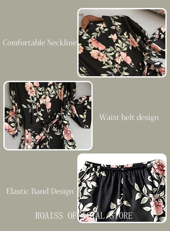 🌸 Women’s 5-Piece Pajama Set – Floral Lace Silky Loungewear, Spring/Summer Sleepwear with Camisole Top, Skirt, Robe, Shorts & Pants – Black - Image 5