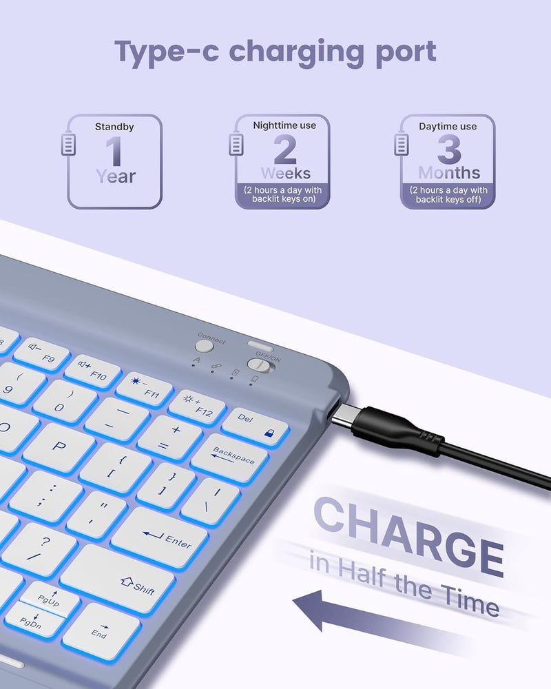 typecase Folio Keyboard Case for iPad 10th Gen 10.9 inch (2022) and iPad 11th (A16, 2025), Magnetic Wireless Detachable Keyboard, 7-Color Backlight, Thin & Light, Pencil Holder – Lavender - Image 5