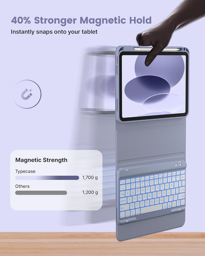 typecase Folio Keyboard Case for iPad 10th Gen 10.9 inch (2022) and iPad 11th (A16, 2025), Magnetic Wireless Detachable Keyboard, 7-Color Backlight, Thin & Light, Pencil Holder – Lavender - Image 4