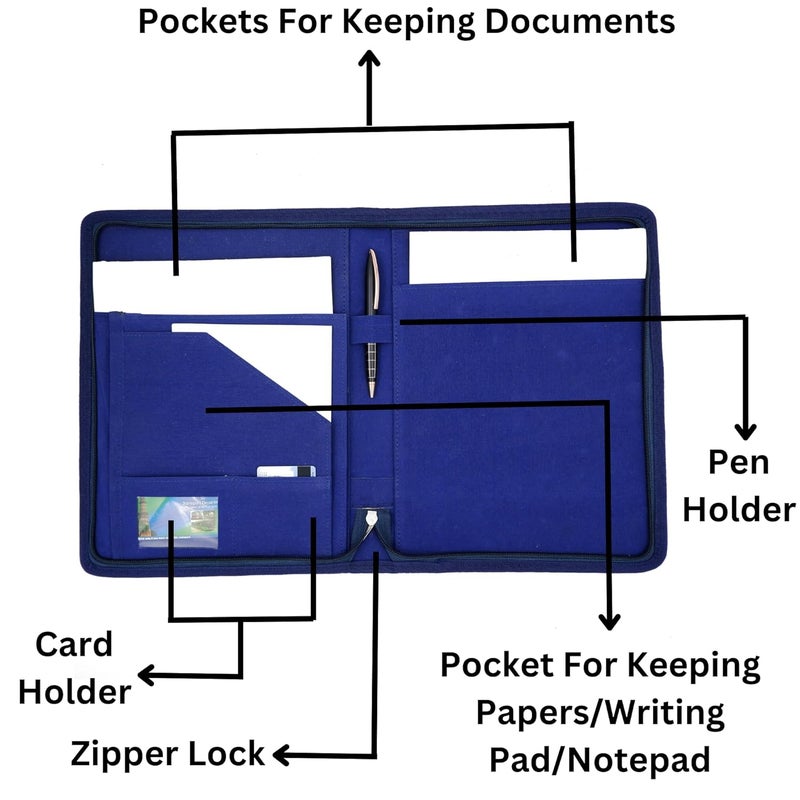Asraw A4 Jute Professional File Folder Document Zipper Organizer for Corporate Meetings, Interview Portfolio, Certificates, Document Holder, Jute Conference File Folder (Blue) - Image 4