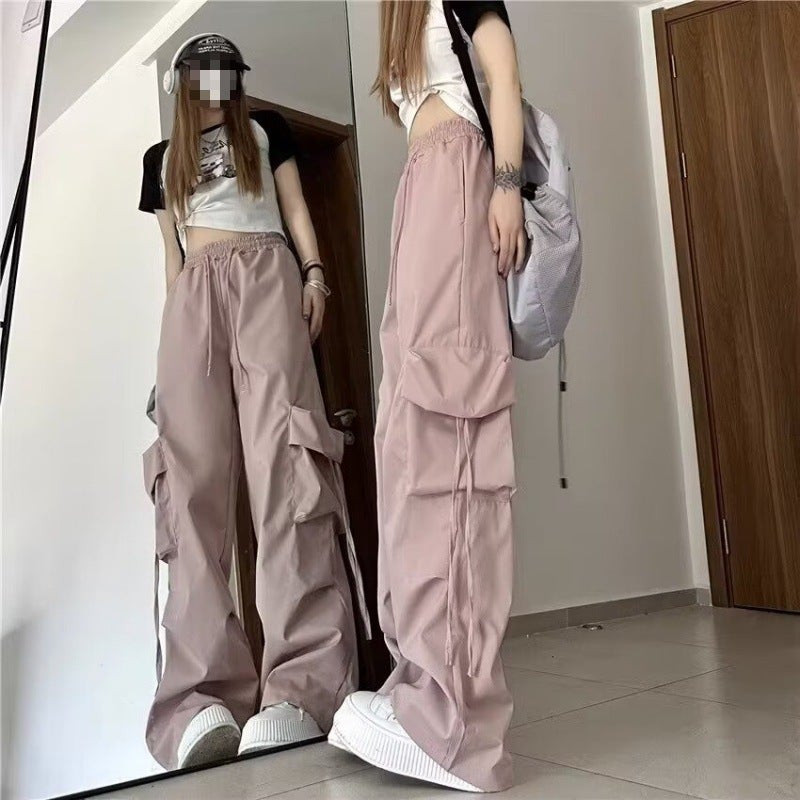 2024 Retro American Work Pants for Women Autumn Winter Casual Wide Leg Pink - Image 1
