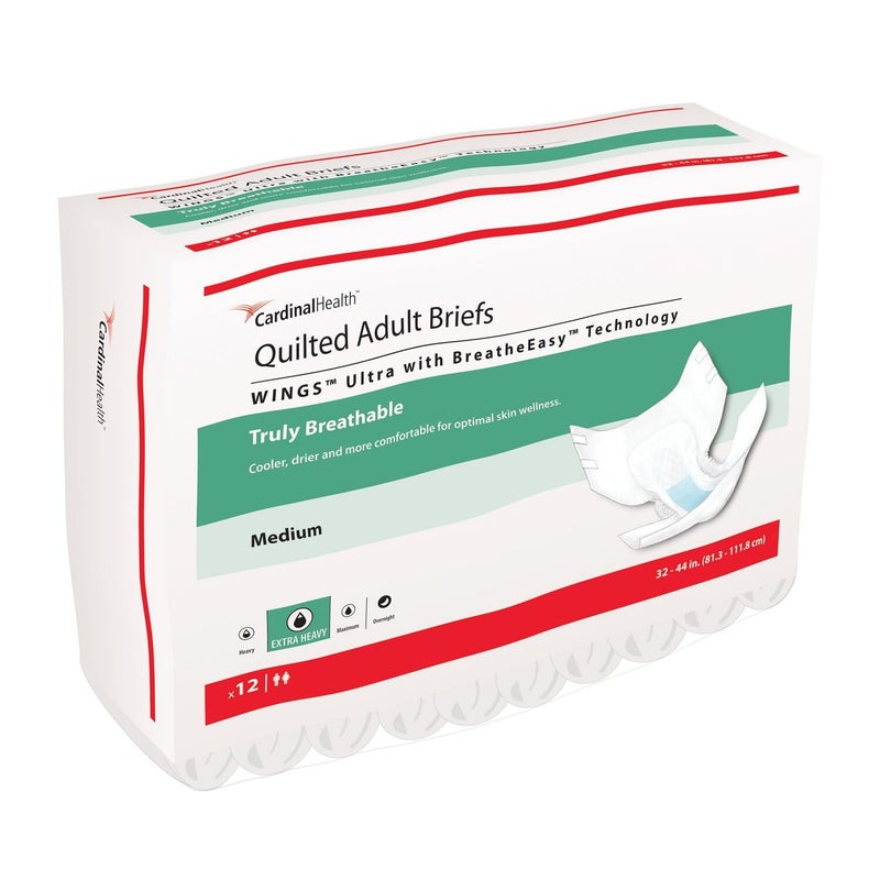 Cardinal Health Quilted Adult Briefs Wings Ultra with BreatheEasy Technology 77073 Extra Heavy Absorbency Medium Bag of 12