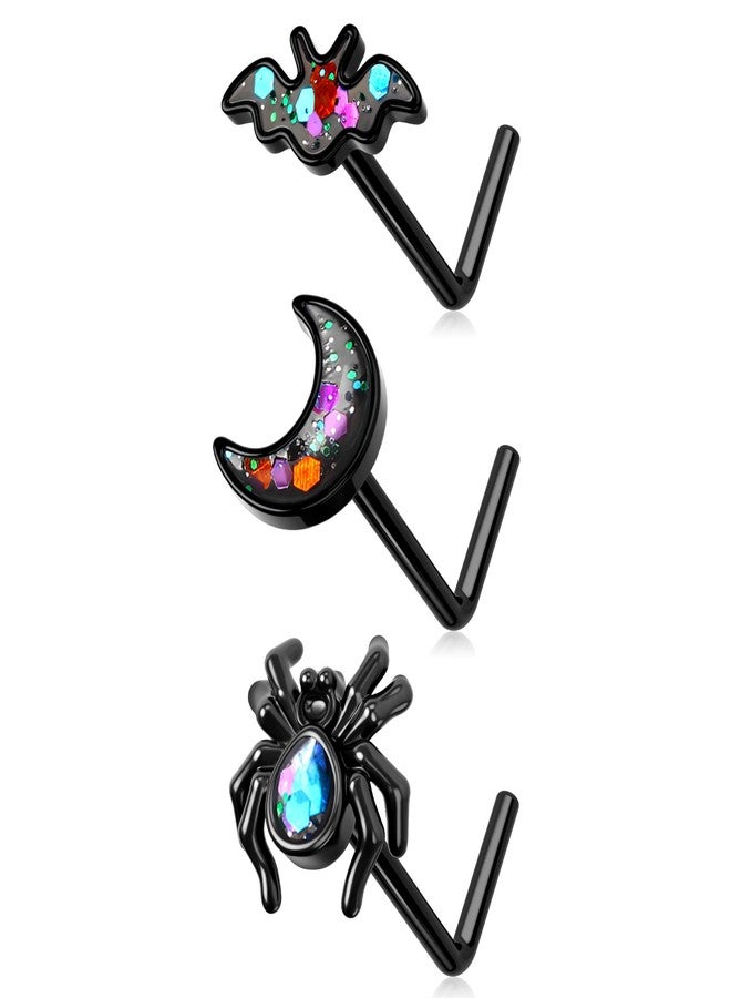 Melighting MeIighting 3PCS Black Nose Rings 20G Halloween Nose Studs Surgical Steel 316L Spider Nose Piercing Jewelry L Shaped Bat Nostril Piercing Jewerly - Image 1