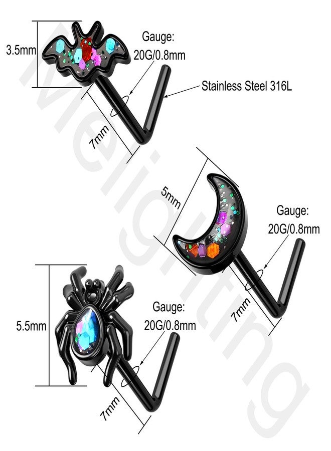 Melighting MeIighting 3PCS Black Nose Rings 20G Halloween Nose Studs Surgical Steel 316L Spider Nose Piercing Jewelry L Shaped Bat Nostril Piercing Jewerly - Image 4