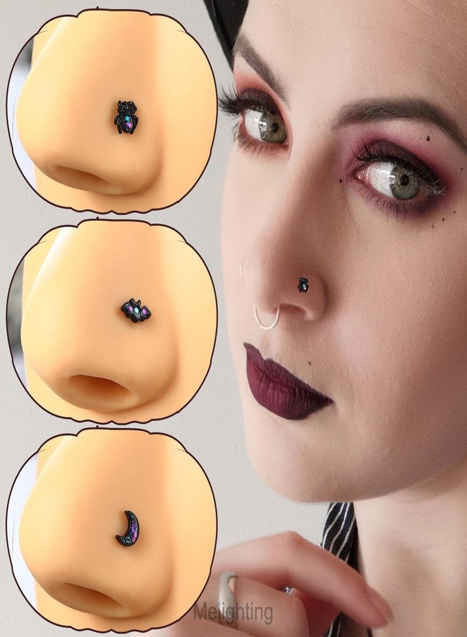 Melighting MeIighting 3PCS Black Nose Rings 20G Halloween Nose Studs Surgical Steel 316L Spider Nose Piercing Jewelry L Shaped Bat Nostril Piercing Jewerly - Image 5