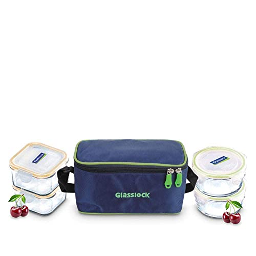 Glasslock Korea Tempered Glass Lunch Box for Office Use - Square & Round, 490ml, Set of 4 - Airtight Glass Tiffin Box With Carry Bag for Office for Men & Women-Microwave/Dishwasher/Fridge/Freezer Safe - Image 1