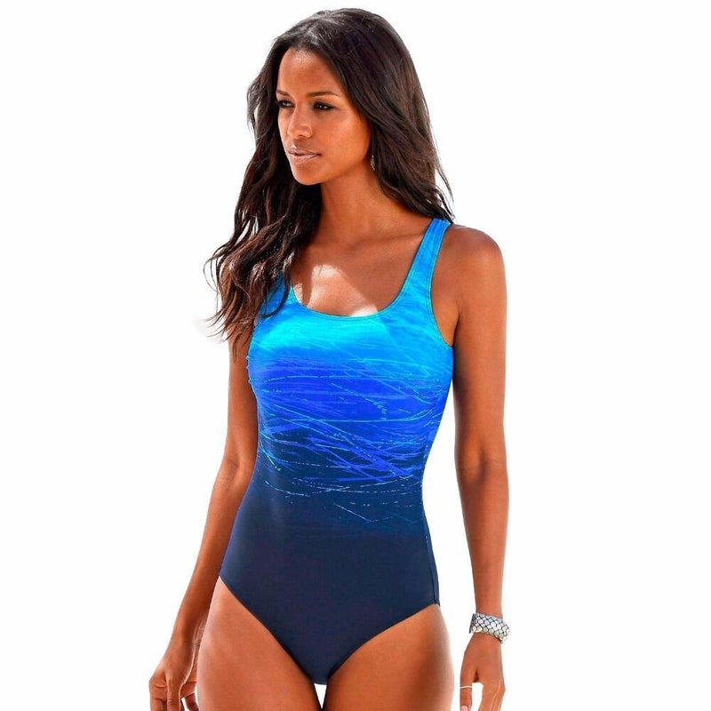 Cross-border 2019 new ladies sexy backless one-piece swimsuit Europe and the United States plus fertilizer increase gradient printing swimsuit blue S - Image 1