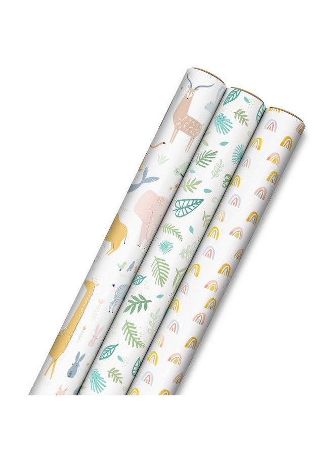 Hallmark Recycled Baby Wrapping Paper With Cutlines On Reverse (3 Rolls: 60 Sq. Ft. Total) Animals Plants Rainbows For Baby Showers Gender Reveal Parties First Birthdays  - Image 1