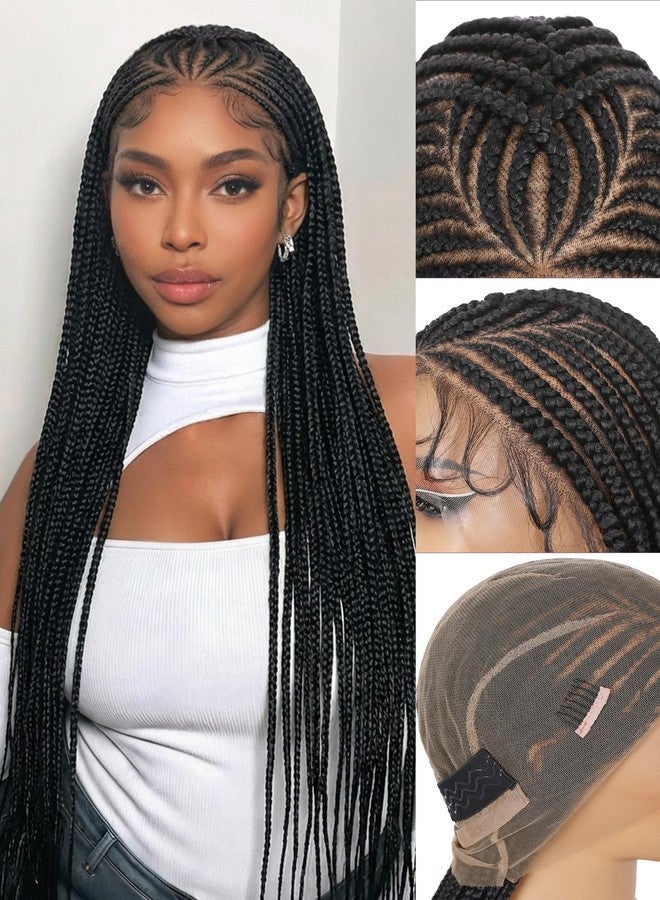 HANNE Full Lace Braided Wigs for Black Women Knotless Braided Wigs with Baby Hair 100% Handmade HD Lace Synthetic Box Braid Wig （32’’）