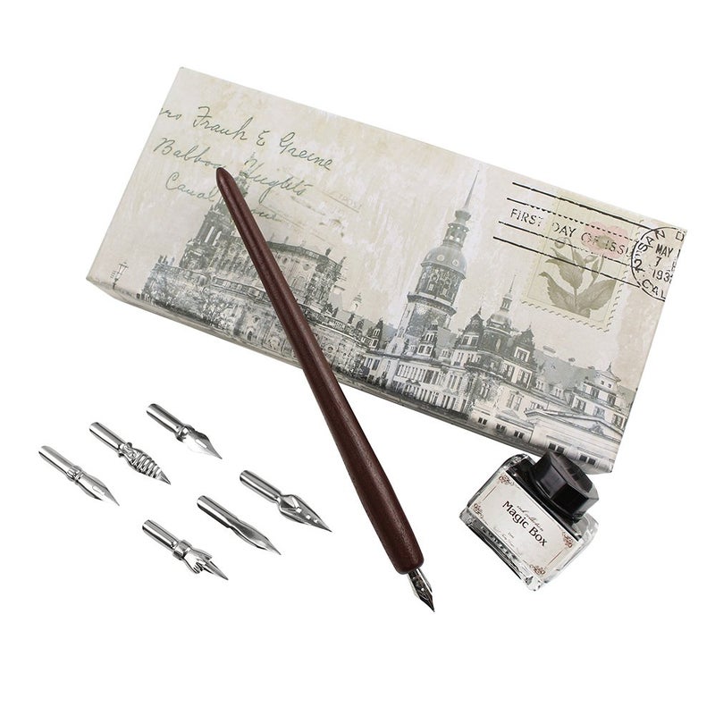 FEATTY Dip Pen for Drawing with ink Antique Wooden Calligraphy Kits for beginners with 6 Replaceable Nibs
