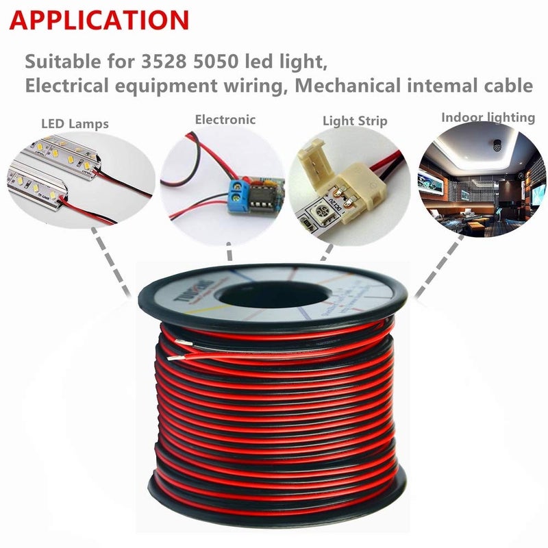 TUOFENG 22awg Electrical Wire 100 ft 22 Gauge Led Wire 2 Pin Extension Cable Wire Red Black Wires 12V/24V DC Cable for Led Strips Single Colour - Image 5