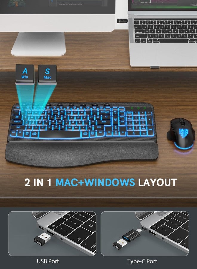 SABLUTE Ergonomic Wireless Keyboard and Mouse Combo - Wave Keyboard with Soft Leather Wrist Rest, Resistant Keys, RGB Backlit Rechargeable Set for PC/Mac/Chromebook (Black) - Image 5