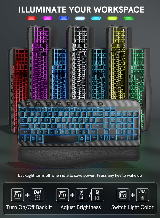 SABLUTE Ergonomic Wireless Keyboard and Mouse Combo - Wave Keyboard with Soft Leather Wrist Rest, Resistant Keys, RGB Backlit Rechargeable Set for PC/Mac/Chromebook (Black) - Image 3