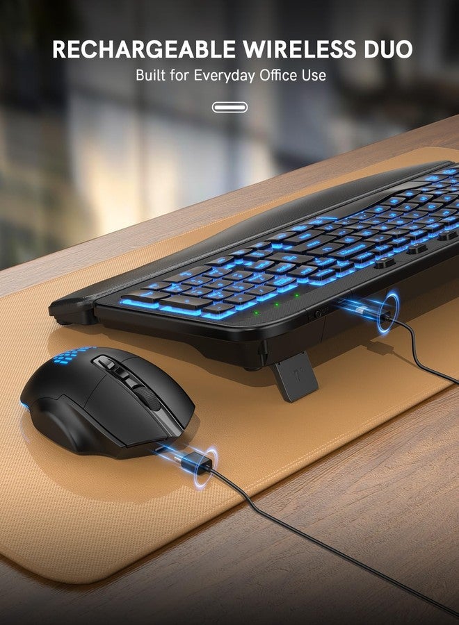 SABLUTE Ergonomic Wireless Keyboard and Mouse Combo - Wave Keyboard with Soft Leather Wrist Rest, Resistant Keys, RGB Backlit Rechargeable Set for PC/Mac/Chromebook (Black) - Image 4