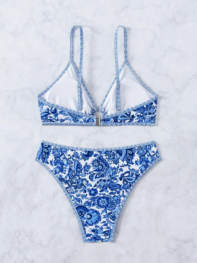 Fanuerg Women's Triangle Bikini Sets O Ring Linked Two Piece Swimsuits Floral Printed Cheeky Bathing Suit Paisley Blue Floral XS - Image 5