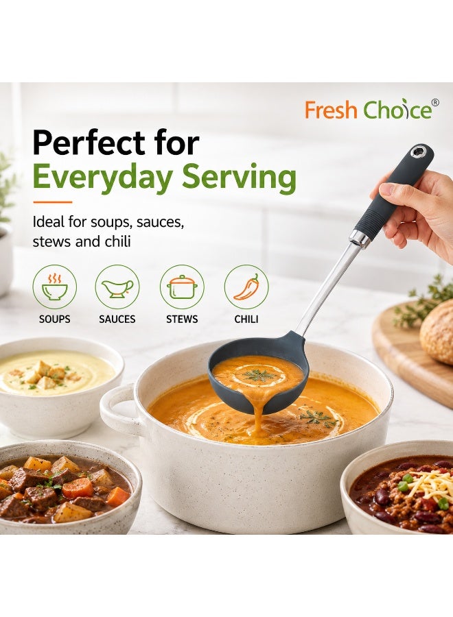 Fresh Choice Nylon Soup Ladle 203C Heat Resistant Soft Grip Dishwasher Safe Non Stick Friendly Grey - Image 4