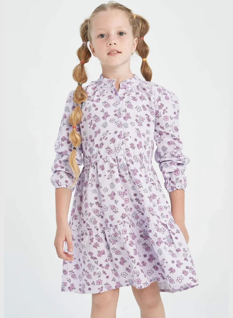 ديفاكتو Long Sleeve Floral Print Mini Twill Dress