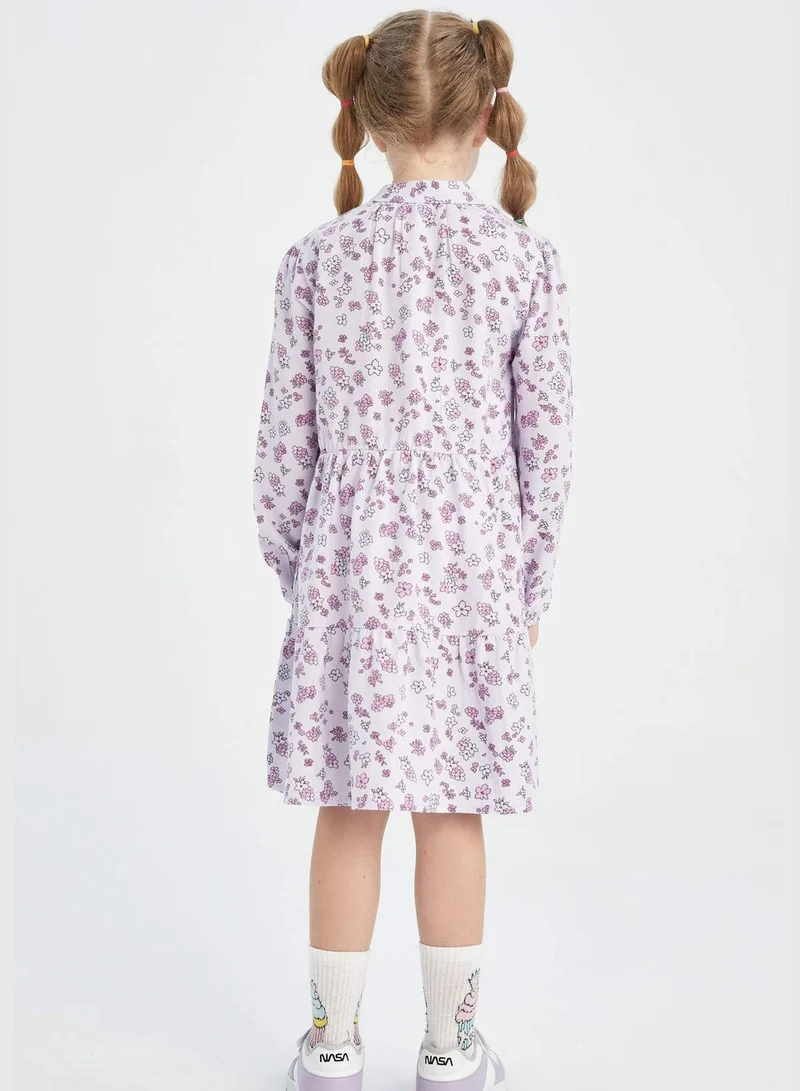 ديفاكتو Long Sleeve Floral Print Mini Twill Dress