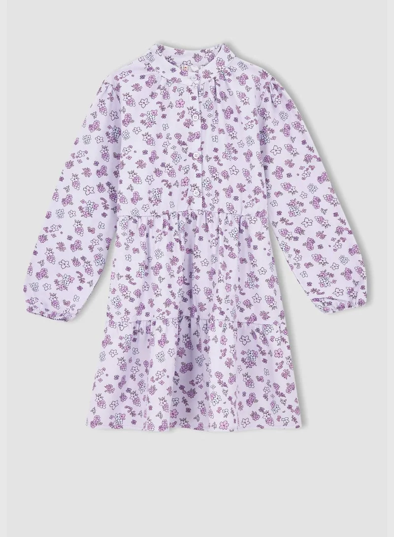 ديفاكتو Long Sleeve Floral Print Mini Twill Dress