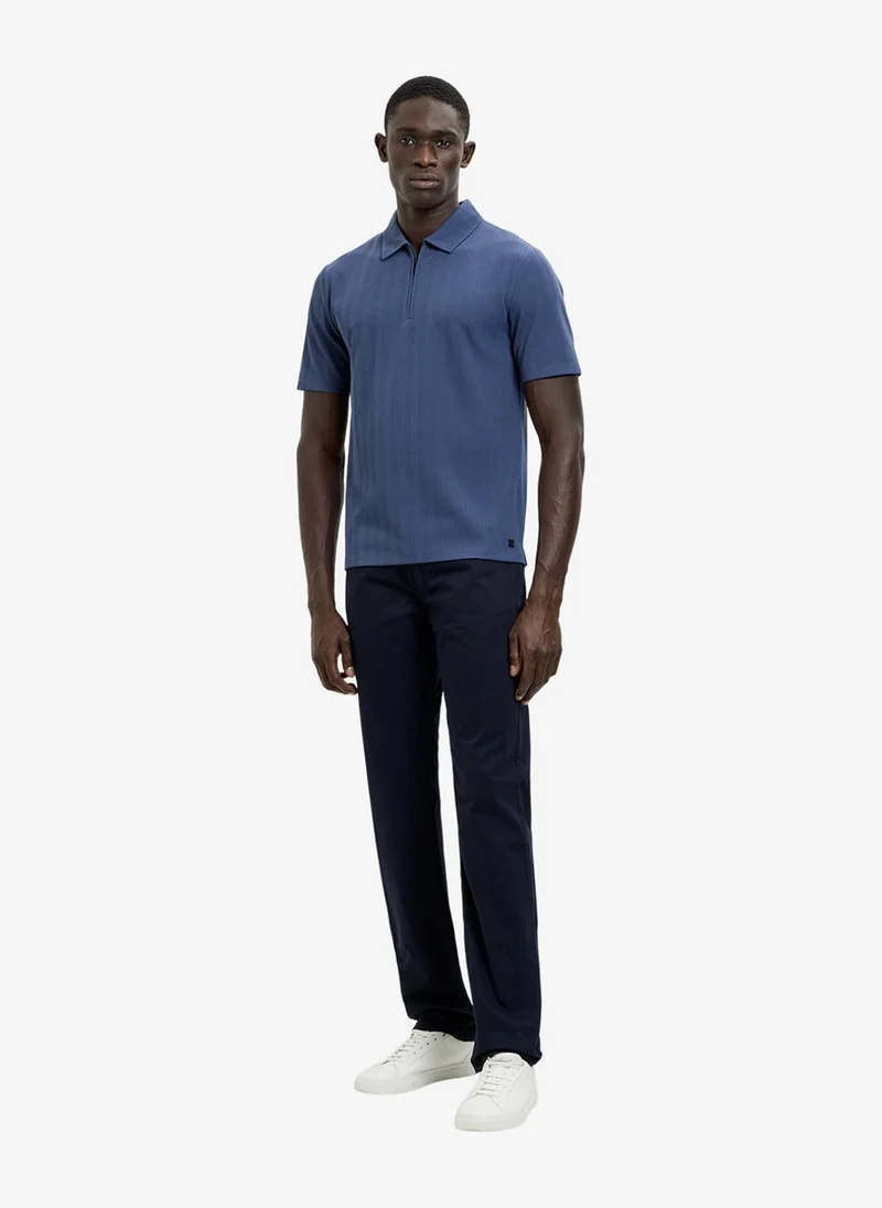 French Connection Men's Blue Indigo Ss Stripe Zip Polo T-Shirt