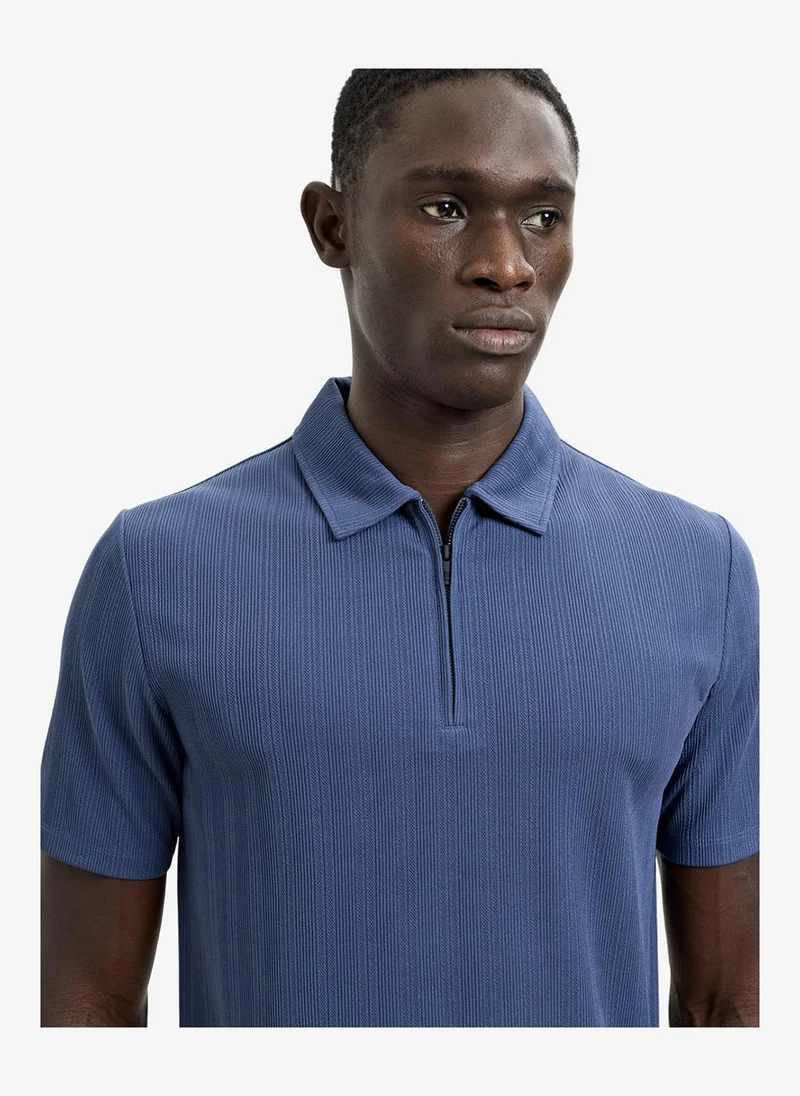 French Connection Men's Blue Indigo Ss Stripe Zip Polo T-Shirt