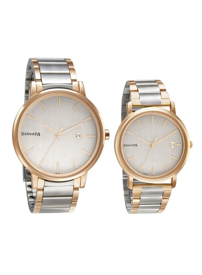 سوناتا ساعة سوناتا كوارتز أنالوج مع تاريخ ومينا بيضاء وحزام معدني للزوجين - NS713187029KM01P - Image 1