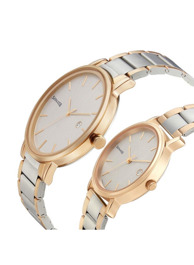 سوناتا ساعة سوناتا كوارتز أنالوج مع تاريخ ومينا بيضاء وحزام معدني للزوجين - NS713187029KM01P - Image 3