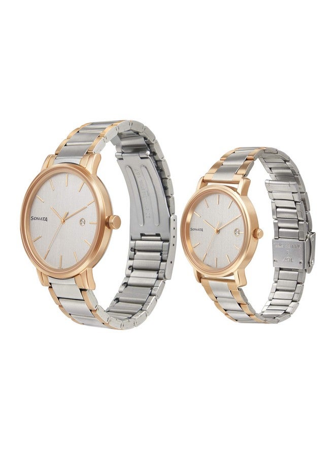 سوناتا ساعة سوناتا كوارتز أنالوج مع تاريخ ومينا بيضاء وحزام معدني للزوجين - NS713187029KM01P - Image 2