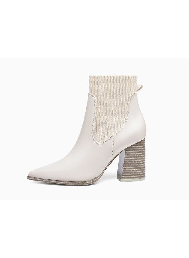 Coutgo Womens Pointed Toe Ankle Boots Elastic Chunky Block Heel slip on Combat Comfortable Chelsea Booties, White, 8.5 - Image 3