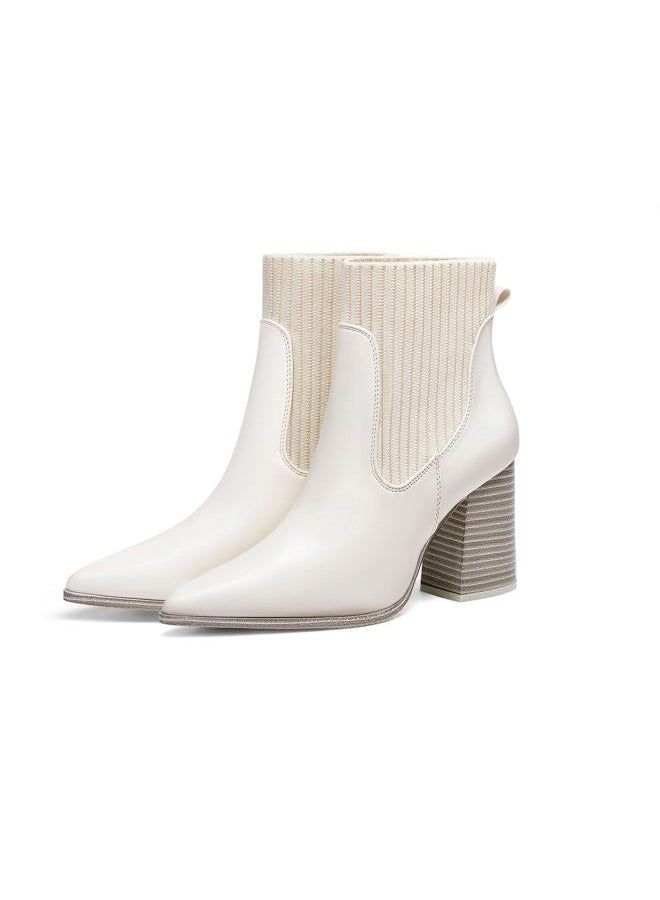 Coutgo Womens Pointed Toe Ankle Boots Elastic Chunky Block Heel slip on Combat Comfortable Chelsea Booties, White, 8.5 - Image 4