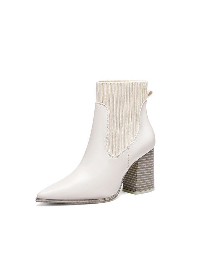 Coutgo Womens Pointed Toe Ankle Boots Elastic Chunky Block Heel slip on Combat Comfortable Chelsea Booties, White, 8.5 - Image 1